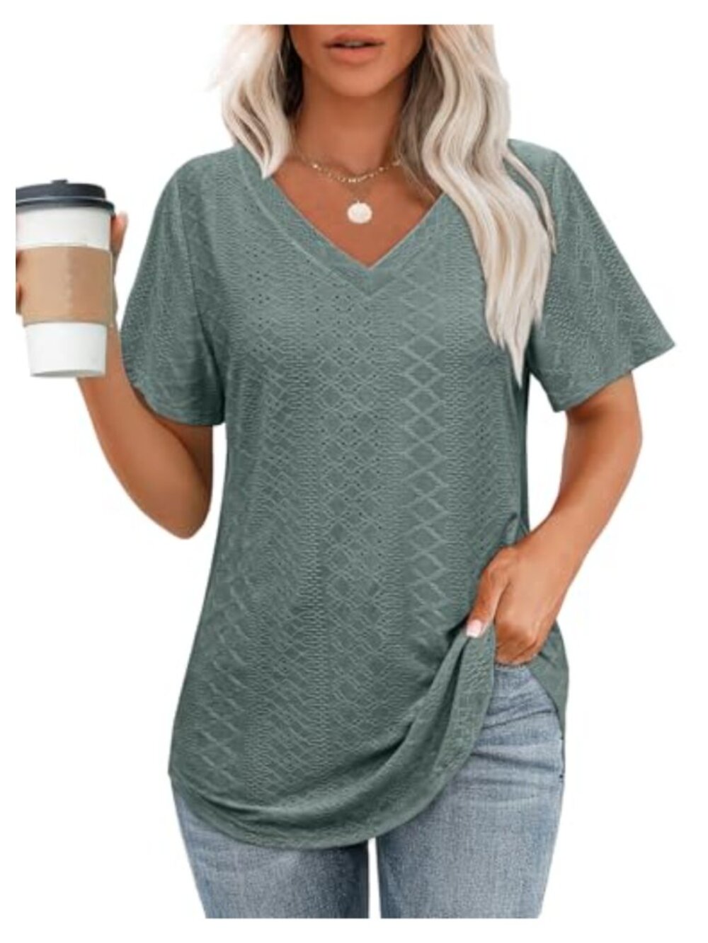 Womens V Neck Short Sleeve Loose Fit Curved Hem Casual T Shirt